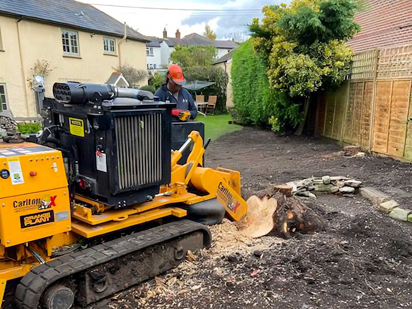 Stump grinding with yellow machinery.