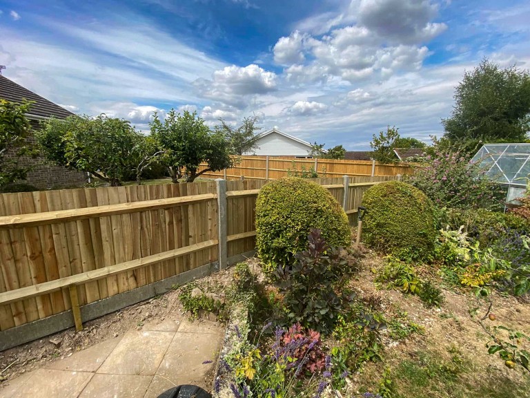 Large closeboard fence running down the side of garden and along the bottom.