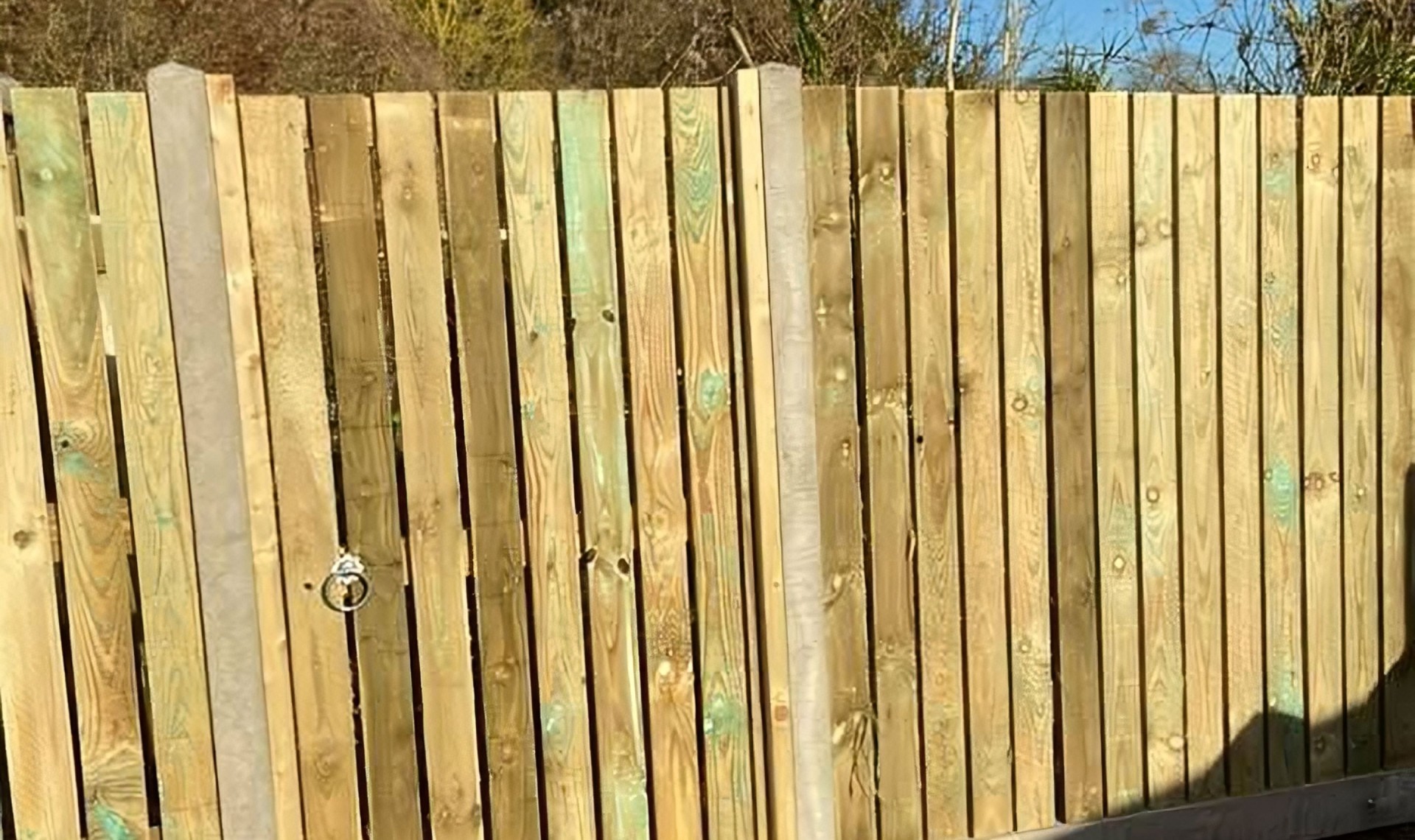 Completed fencing for dobbies garden centre with close up of wooden gate.